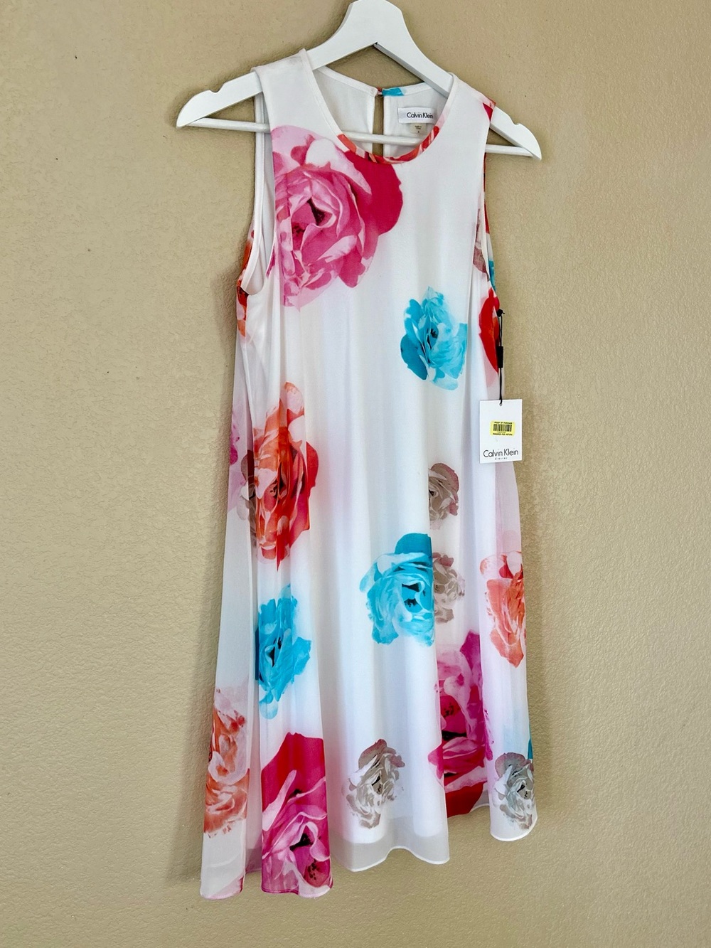 NWT Calvin Klein White Knee-Length Chiffon Lined Dress Multicolor Rose Print 6 - Picture 2 of 10